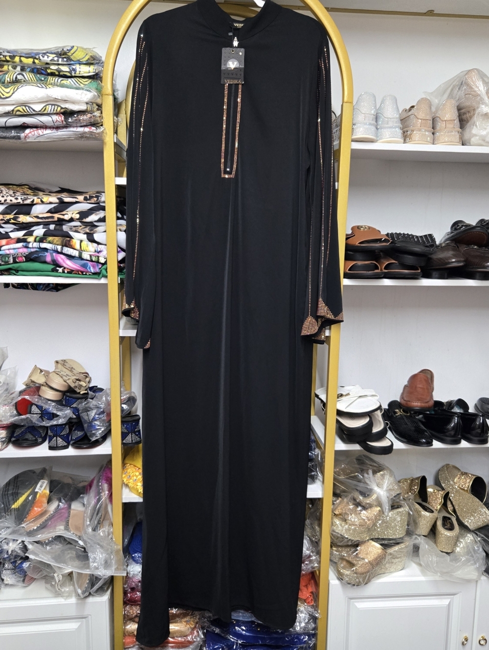 High Quality Black Women's Long Dress with Gem Stone Trim Size US 14-16 EU 46